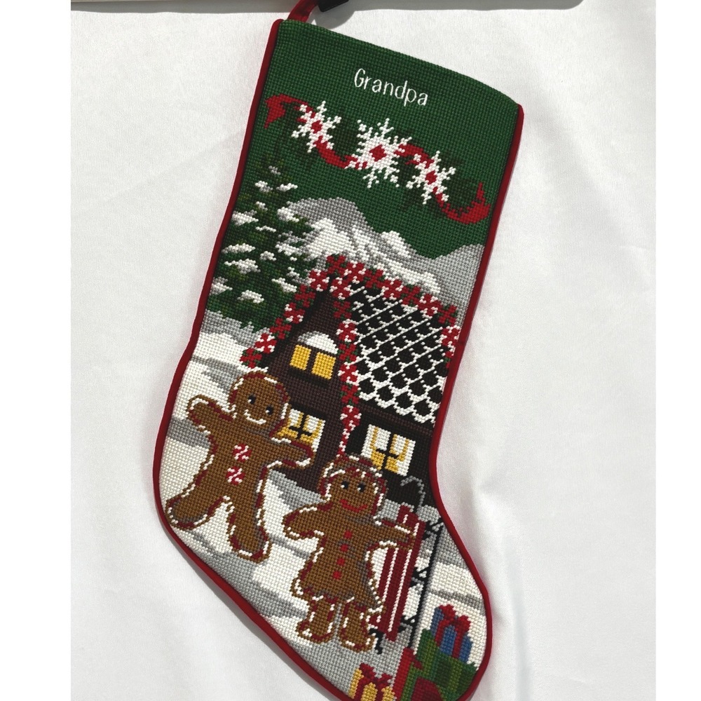 L.L. Bean Needlepoint Christmas Grandpa Stocking Gingerbread Family House cabin